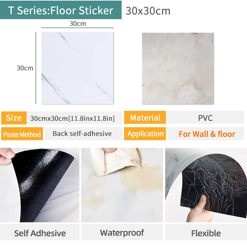 OK-B 20pcs 30*30cm PVC Flat Imitation Marble Tile Floor Stickers Self-adhesive 3D Wall Waterproof Bathroom Decals - купить по