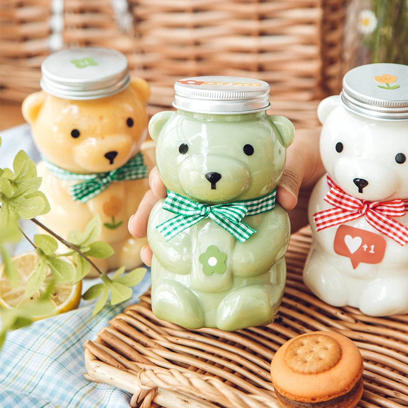 

Disposable Drink Bottles Juice Bear Plastic Cup Cute Bear Juice Drink Milk Tea Beverage Storage Bottles With Lid Sealed Bottle