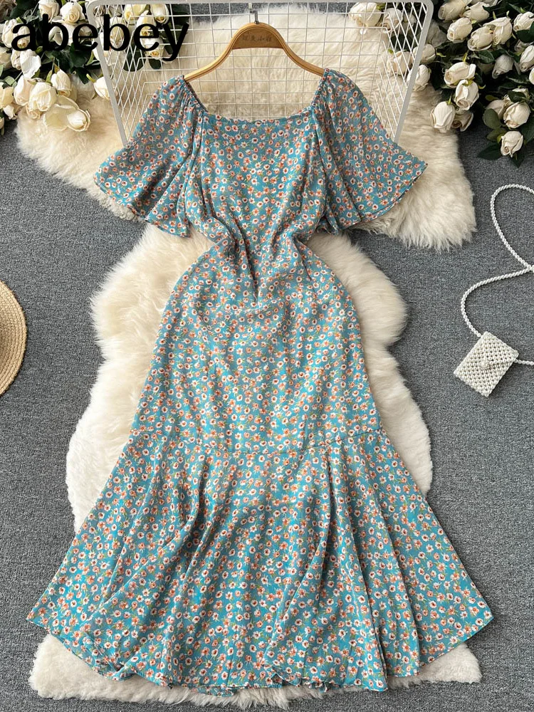 

Women Chiffon Floral Long Dress Korean square collar Short Sleeve Ruched A-line Dresses Summer Bohemian Print Beach Maxi Dress