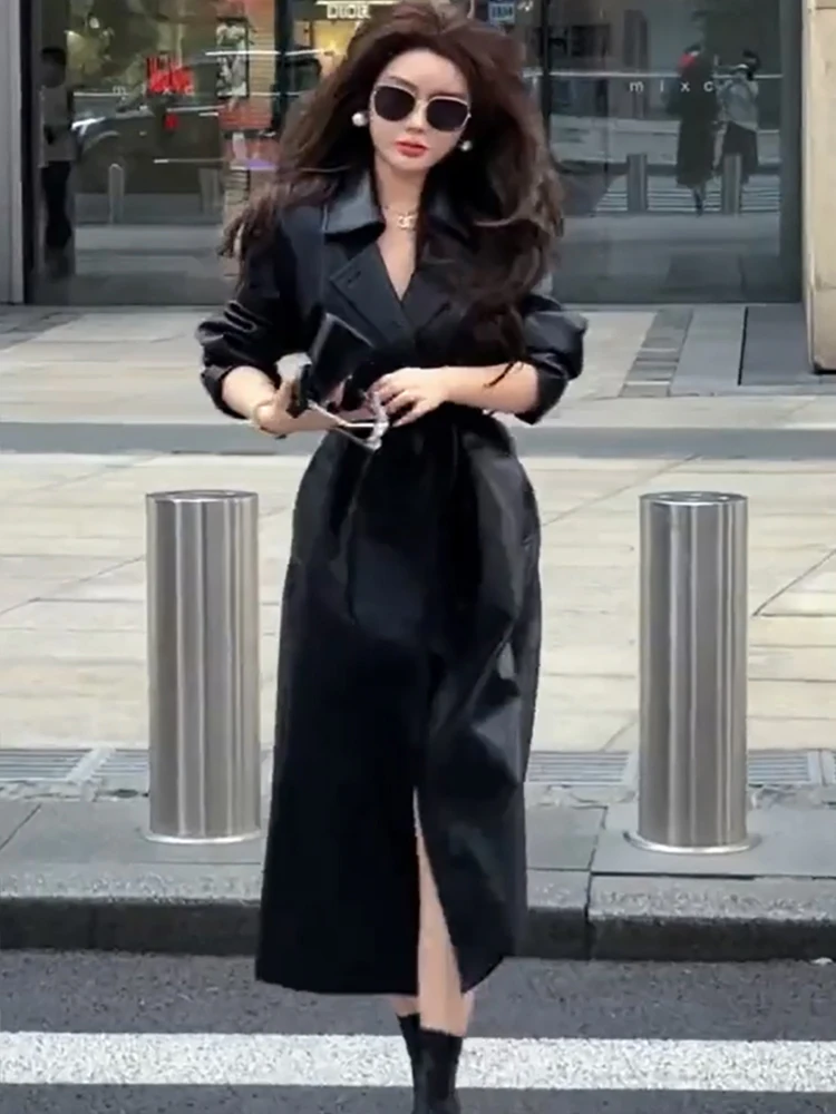 Famous Designer 2022 Double Breasted Black PU Leather Long Coats streetwear  Women Trench with Belt