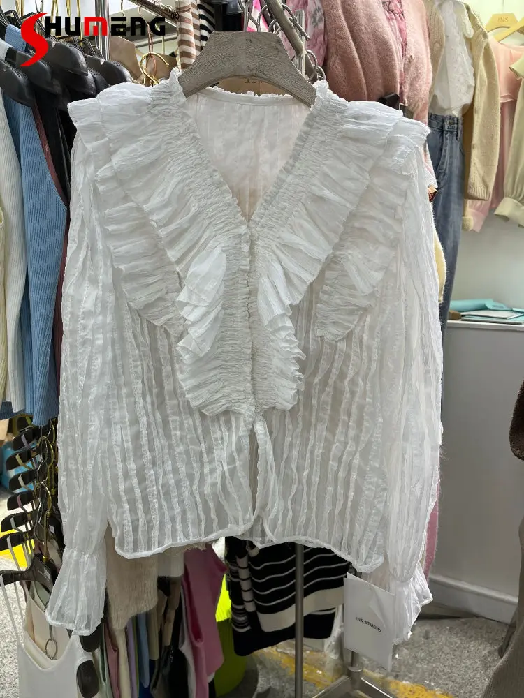 

Women's Ruffle V-neck Shirt 2023 Spring and Autumn New French Style Temperament Ruffles Long Sleeve Top Ladies Blusas Elegantes