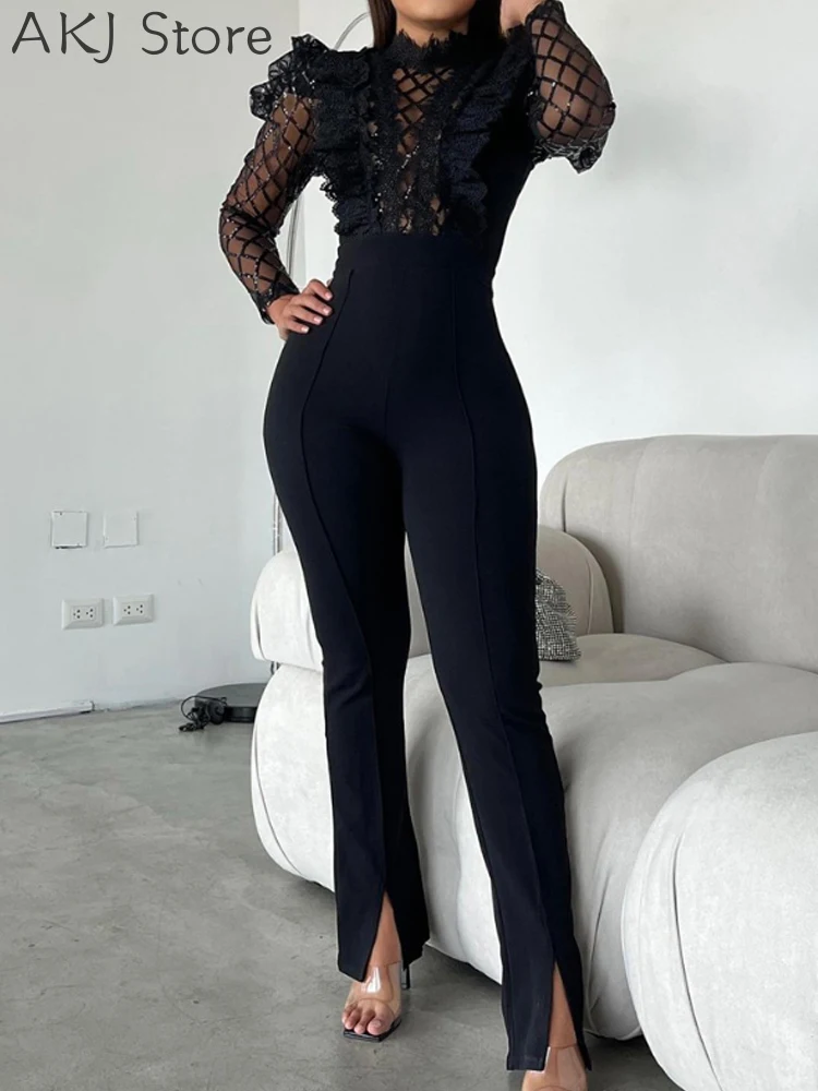 Элегантные сетчатые прозрачные комбинезоны с длинными рукавами контрастные