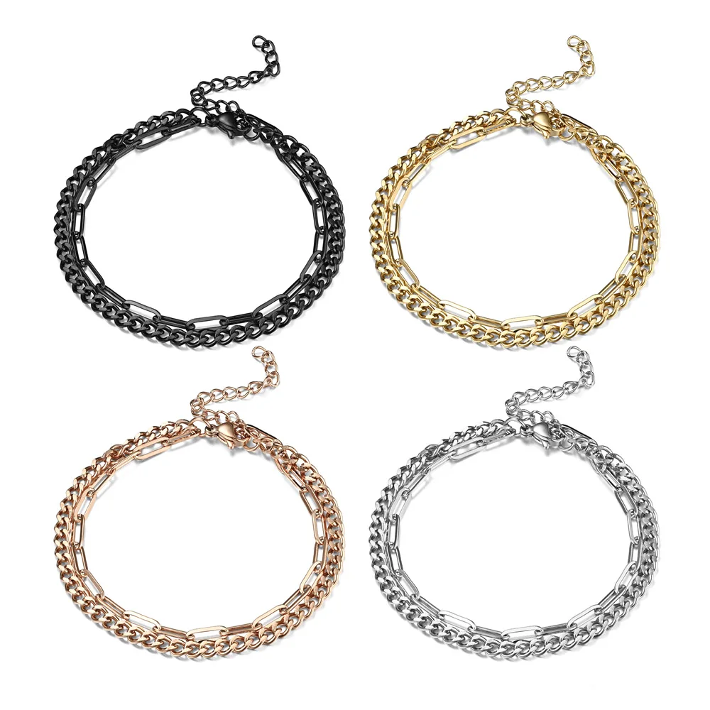 

New Double Cuban Chain Bracelet for Men Women Kpop Stainless steel Jewelry Vintage Punk Gift Adjustable Free Shipping