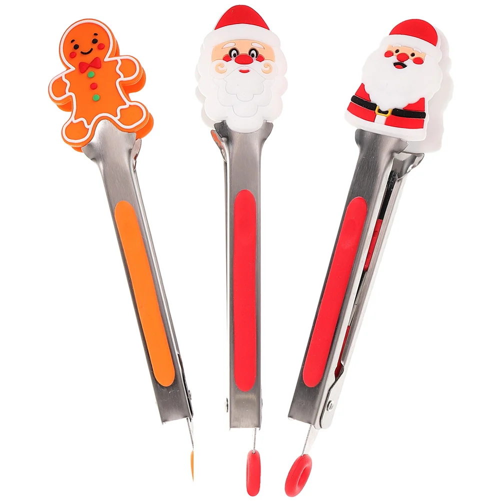 

3pcs Christmas Themed Food Tongs Food Picking Tongs Portable Stainless Steel Barbecue Tongs