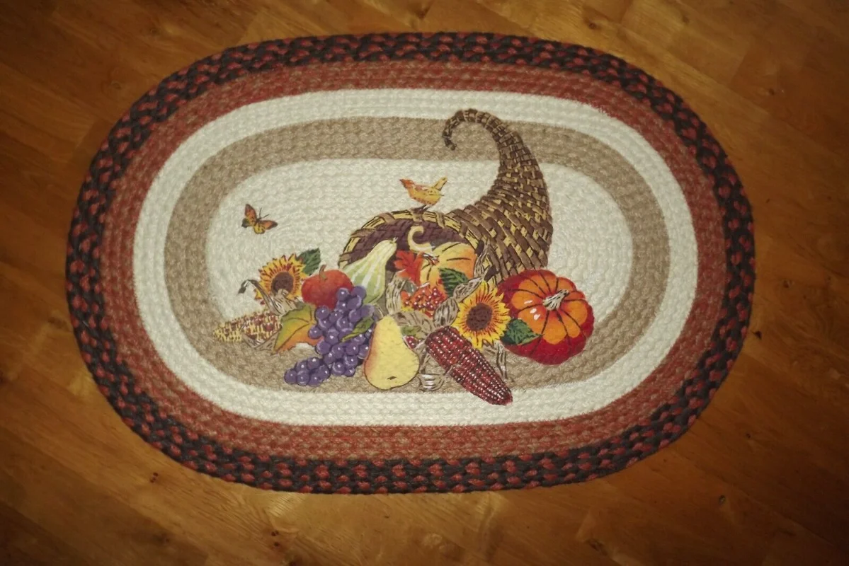 

Braided Jute Rug Farmhouse Oval 20"x 30" Cornucopia Pumpkins Fruit Sunflowers Carpets for Living Room Home Rugs for Bedroom