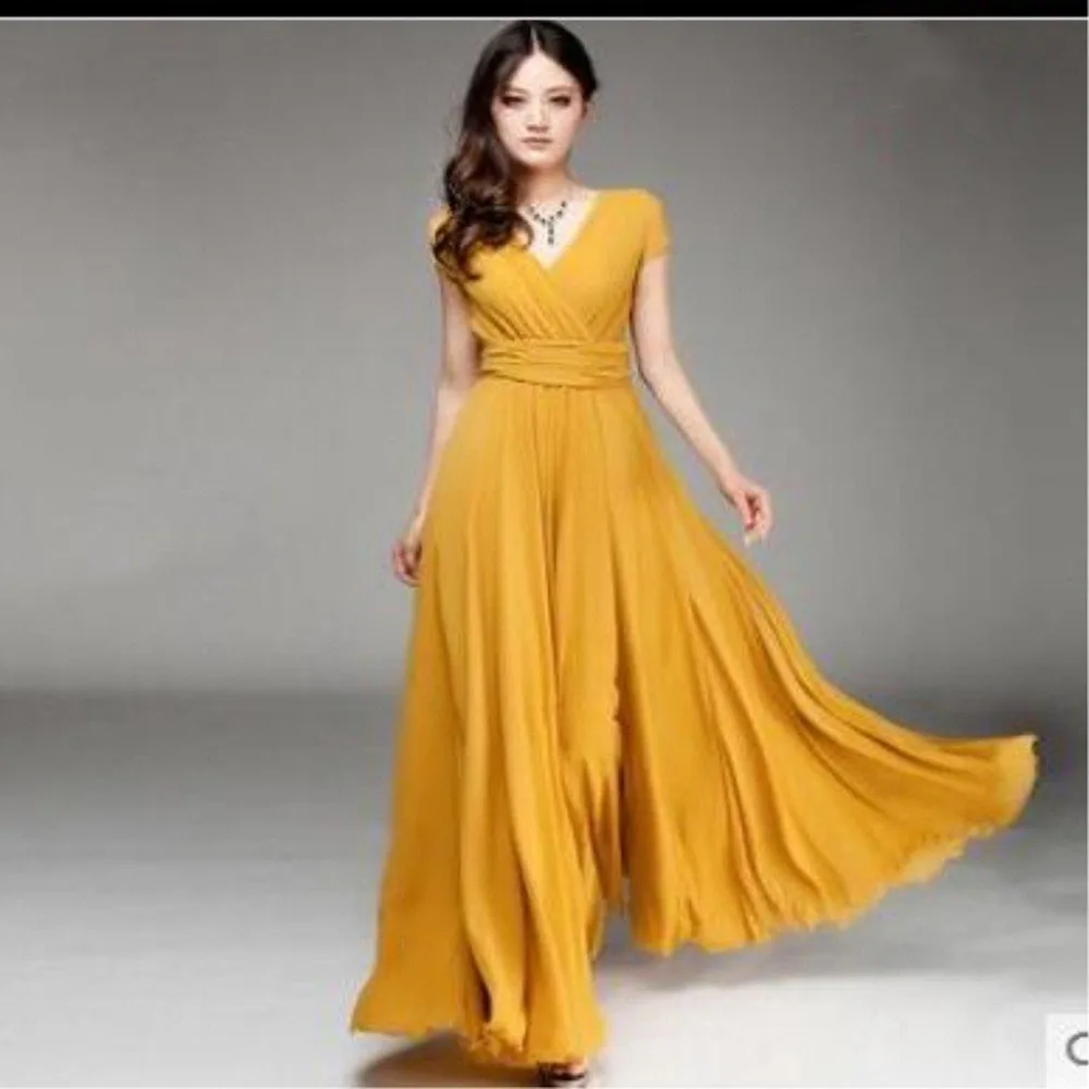 2023 New in Women Elegant Chiffon Long Evening Dress Sexy Deep V-neck Short Sleeve Bridesmaid Dresses Slim Waist 5XL