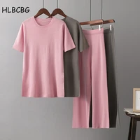 summer spring basic solid o neck knitted jumper for women sweater 2 piece sets pullover tops chic short sleeve thin sweatersuits