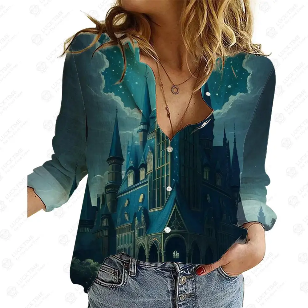 

Женская свободная рубашка с отложным воротником и длинным рукавом