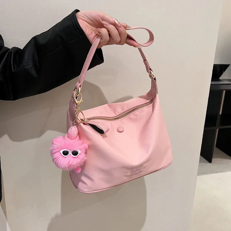 Casual Simple Solid Color Nylon Single Shoulder Bag Textured Embroidered Trendy Letter Underarm Bags Commuting Versatile Satchel