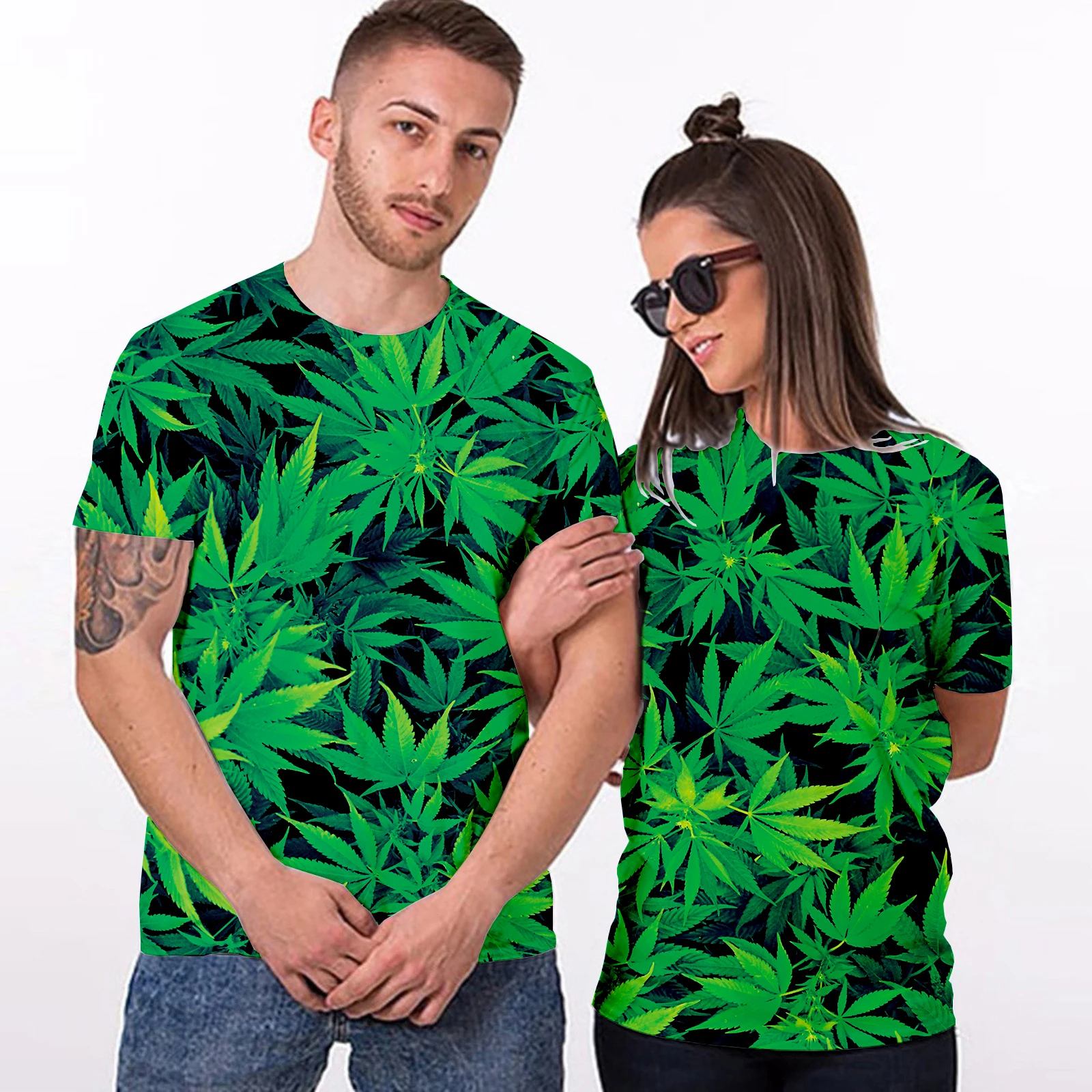 

3D Oversize Couples Customed T-Shirt Men Women Causal Summer Suits Green Leave Streetwearing 4-pieces Tshirts Shorts Wholesale