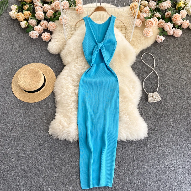 

Sexy Split Twist Hollow Out Knit Dress For Women Summer New Fashion Casual Slim Pag Hip Tank Dress Female Two-wear Bodycon Robe