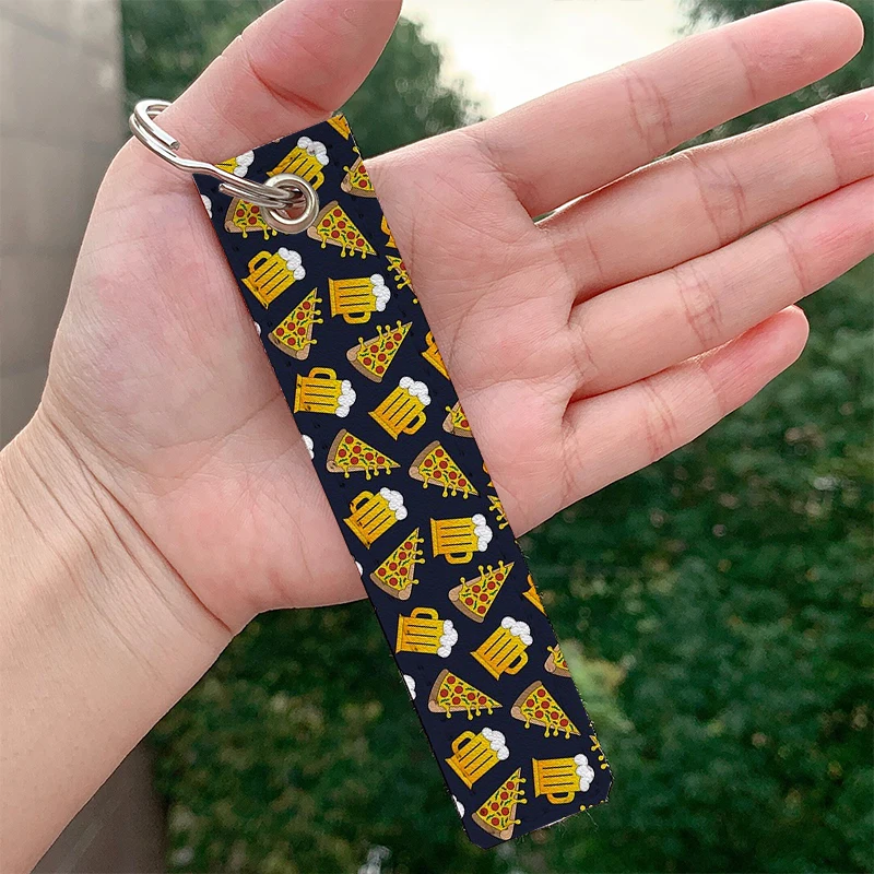

Ending Pizza Pattern with pizza Leather Keychain Strap Keyrings Hanging Holder Wallet Trinket Keychain Hanging Decoration