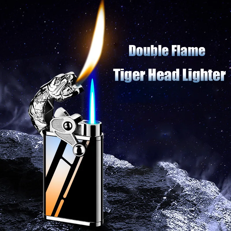 

New Blue Flame Metal Crocodile Dolphin Double Fire Lighter Creative Direct Windproof Open Fire Conversion Lighter Men's Gift