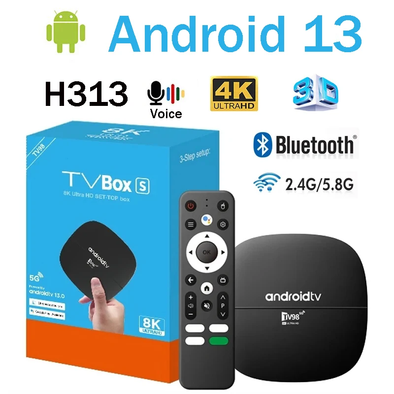 Фото TV98 ATV H313 Smart TV Box Android 13.0 H313 четырехъядерный 2,4 ГГц/5 ГГц двойной Wi-Fi BT 4K HD 3D медиаплеер iptv голосовая дистанционная телеприставка №1