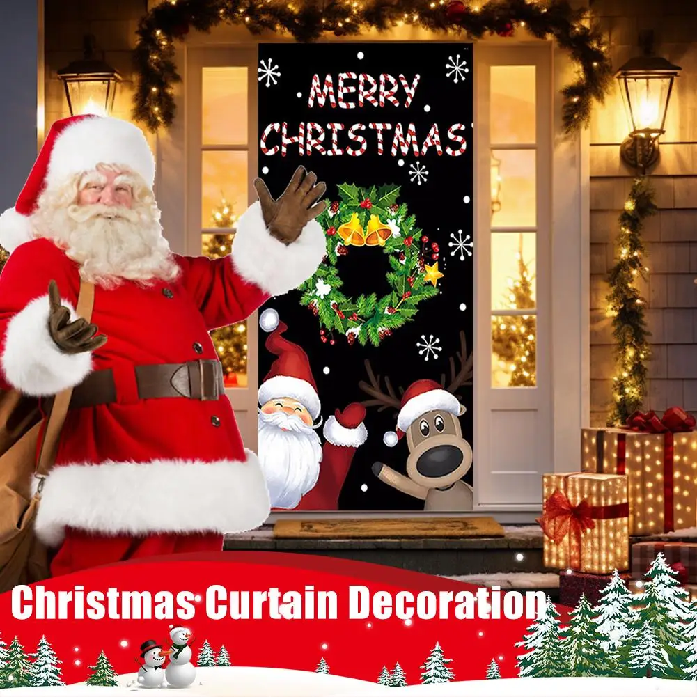 2024 Christmas Front Door Decoration Santa Supplies Cover for Indoor Outside Claus New Year Part L2w8