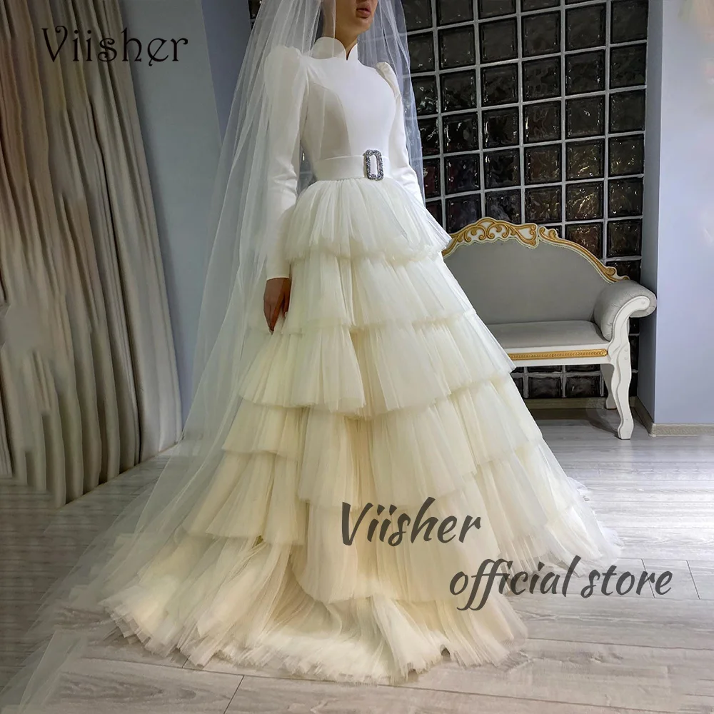 

Viisher White A Line Princess Wedding Dresses Satin Tulle Long Sleeve High Neck Vintage Church Wedding Bridal Gowns Customized