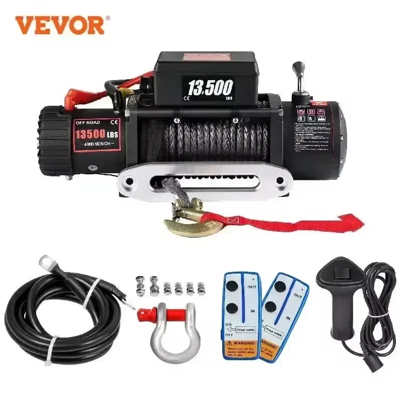 Фото Электрическая лебедка VEVOR 13500 LBS, 12 В, 27 м/92 футов, синтетический буксирный трос, подъемная тяга для 4X4, автомобильный прицеп, квадроцикл, грузовик, внедорожная лодка №1