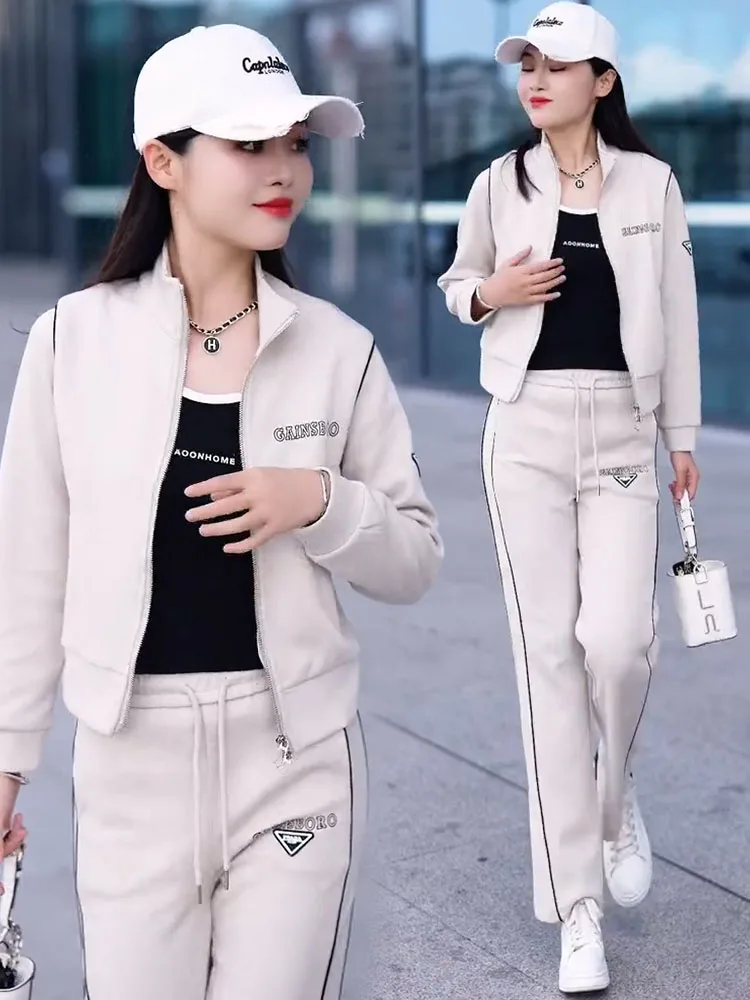 High Cotton Casual Fashion Set Women 2024 Spring and Autumn New Western Sle Versatile Stand Collar Hoodie Sweatpants Two-pi...