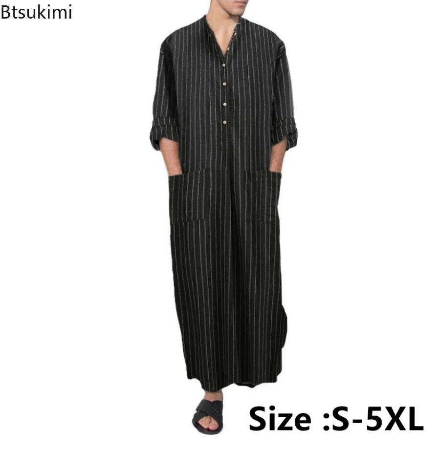 2023 Muslim Fashion Men's Robes Arabian Striped Shirt Ethnic Clothing Long Sleeves Retro Kaftan Islamic Arabic Male Jubba Thobe