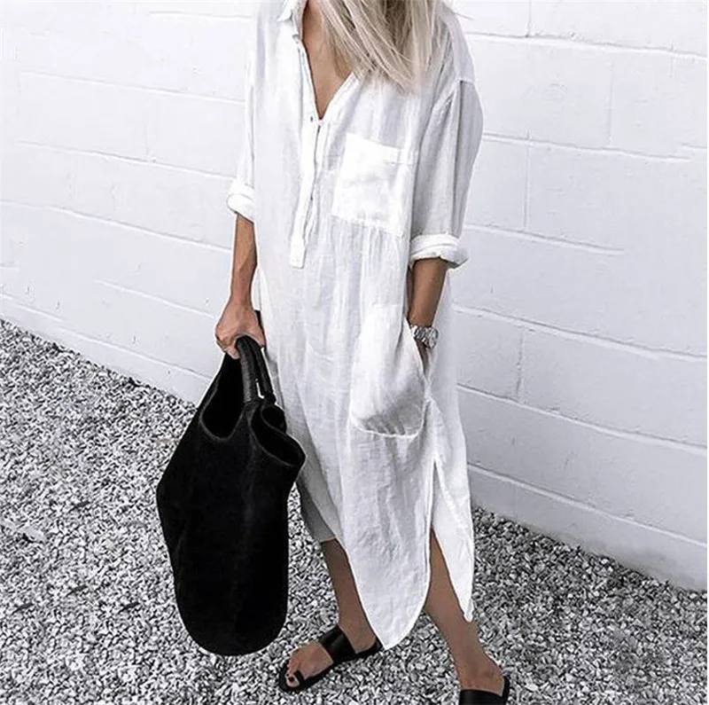 

Oversize Cotton Linen Women's Dress White Casual Female Long Shirt Dresses 2022 Spring Summer New Fashion Beach Lady Clothing