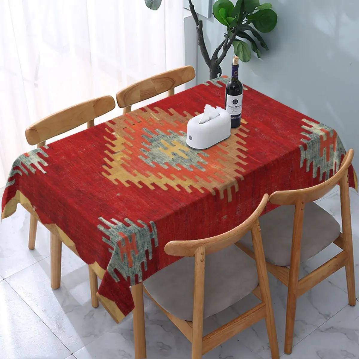 

Cal Antique Turkish Kilim Tablecloth Backing Elastic Edge Table Covers Bohemian Ethnic Vintage Persian Carpet Tribal Table Cloth