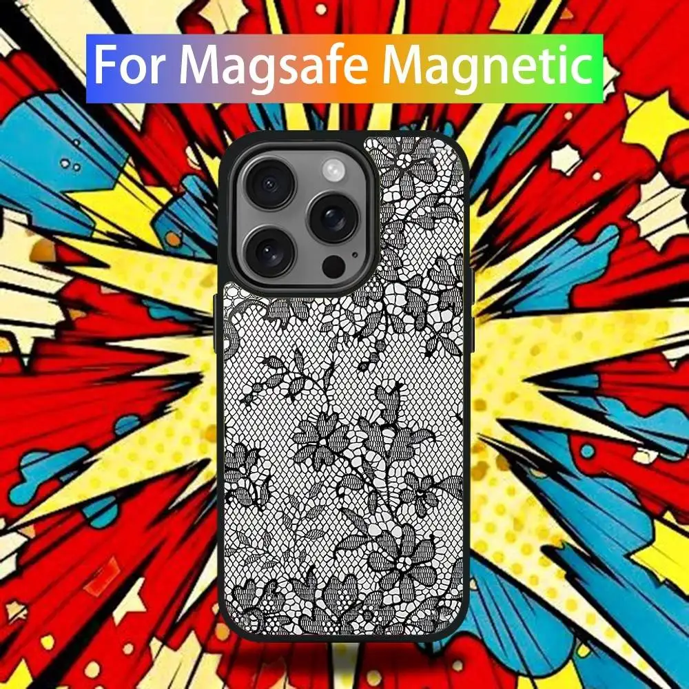 Фото Чехол для телефона с кружевным принтом для iPhone 17,16,15,14,13,12,11,Pro,Max,Plus,Mini,SE4,E с магнитной беспроводной зарядкой Magsafe №5