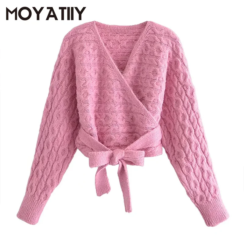 

Женский модный кардиган MOYATIIY с завязками, свитер, милый однотонный розовый свитер для девушек с V-образным вырезом, верхняя одежда, шикарные ...