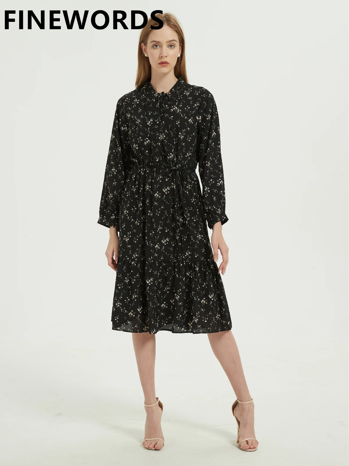 Повседневное шифоновое черное Цветочное платье с длинным рукавом FINEWORDS