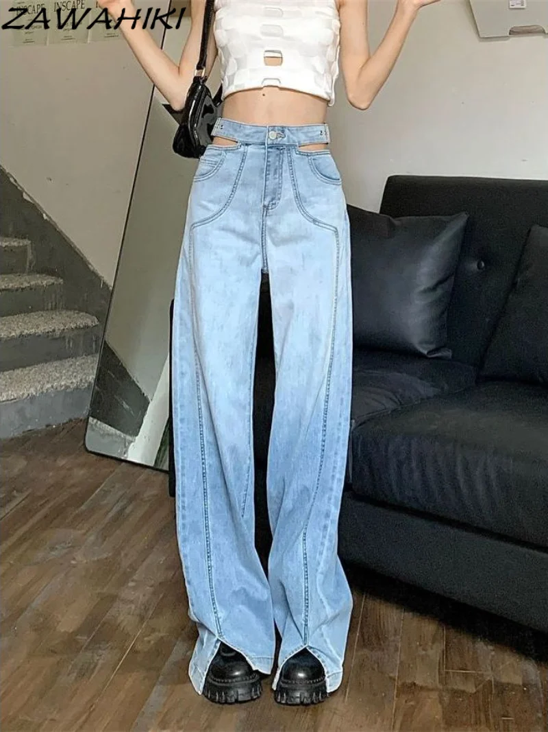

Blue Womens Denim Pants High Waist Hollow Out Vintage Straight Trouser Streetwear Harajuku Baggy Slit Leg Pants Streetwear