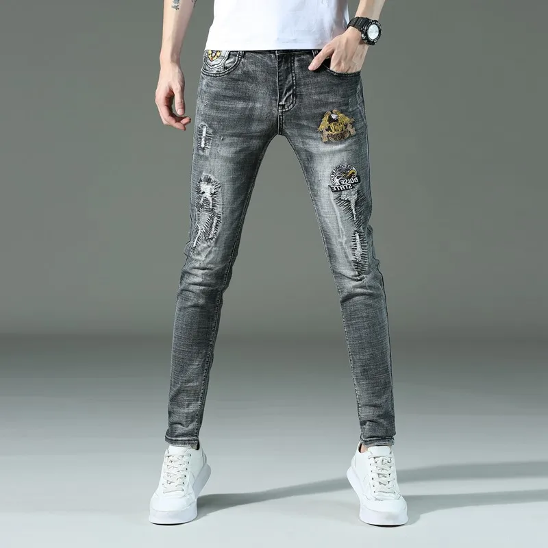 

Spring Autumn 2022 Fashion Embroidered Flower Personality Ripped Jeans Male Korean Stretch Slim Feet Tide Brand Beggar Pants