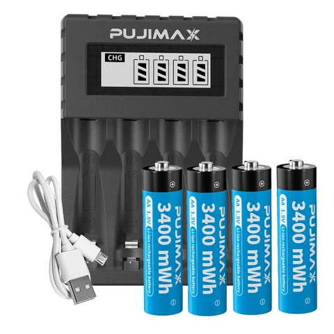 Новое умное зарядное устройство PUJIMAX с 4 слотами, 1,5 в, ЖК-дисплей + 4 перезаряжаемых литий-ионных аккумулятора 1,5 в, МВтч для микрофона
