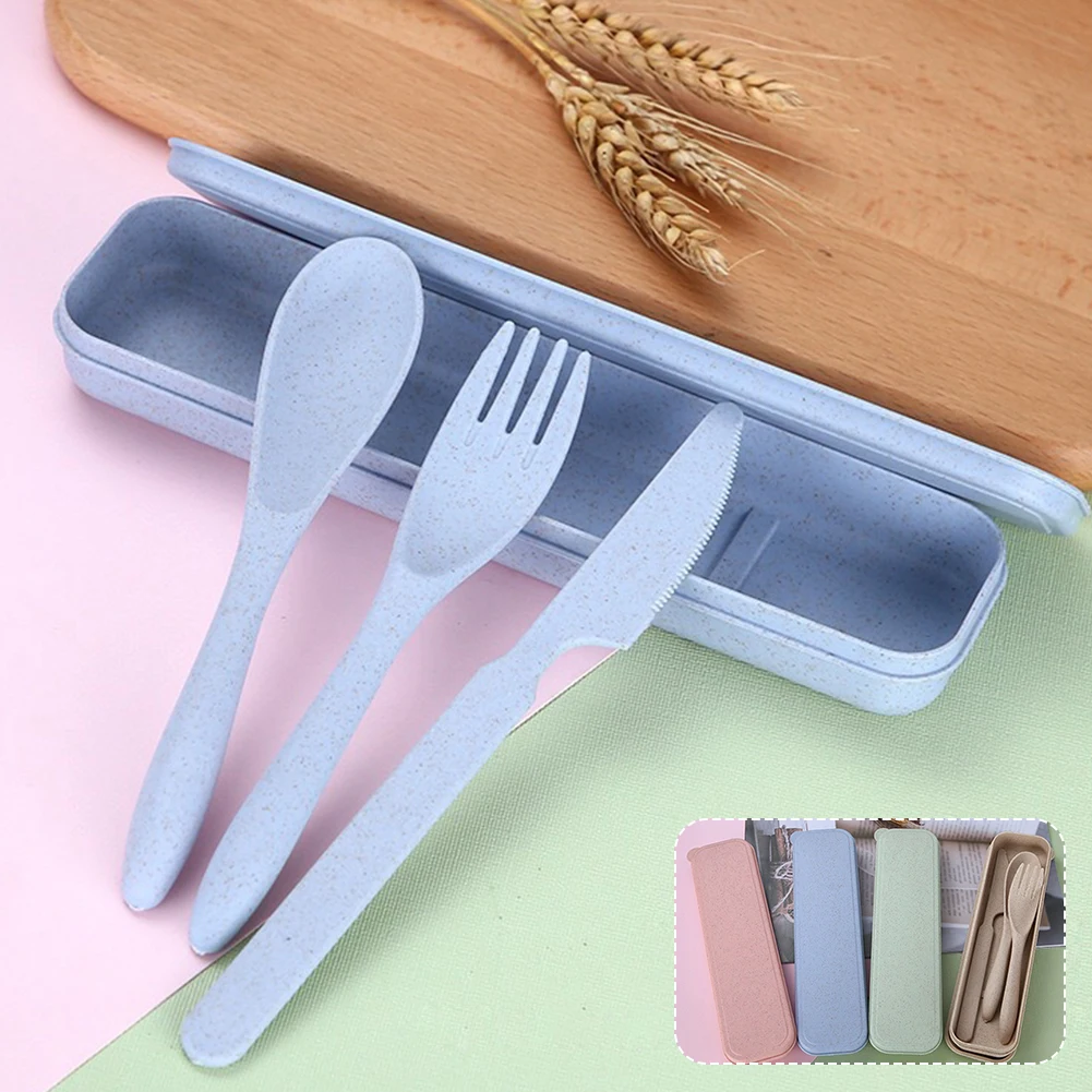 Wheat Straw Dinnerware Set Portable Tableware Knife Fork Spoon Chopsticks Set Travel Cutlery Set Reusable Camping Utensil Box
