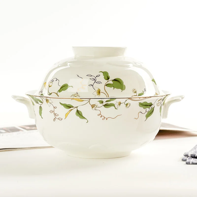 

Bone Tangshan China Lotus high foot plate with cover ceramic bowl big basin soup pot