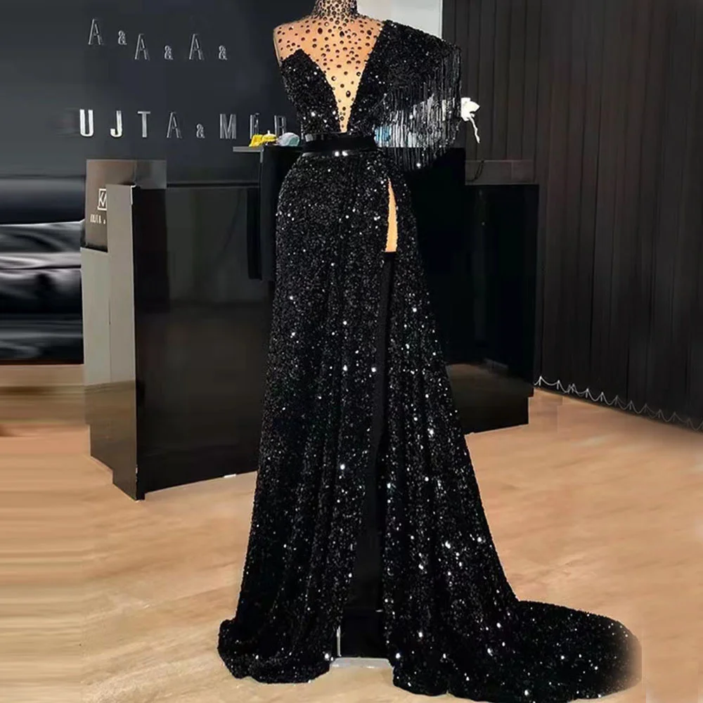 

Shinny Black Sequins With Crystal High Neck Cocktail Dresses With Tassel Cap Sleeves Prom Evening Gown Slit vestidos de fiesta