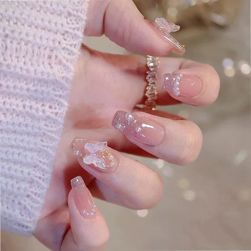 

24Pcs/Set False Nail Embossed Butterfly Rhinestones Fake Nail Tips Full Cover Acrylic False Nails Art Decoration For Nail Tips