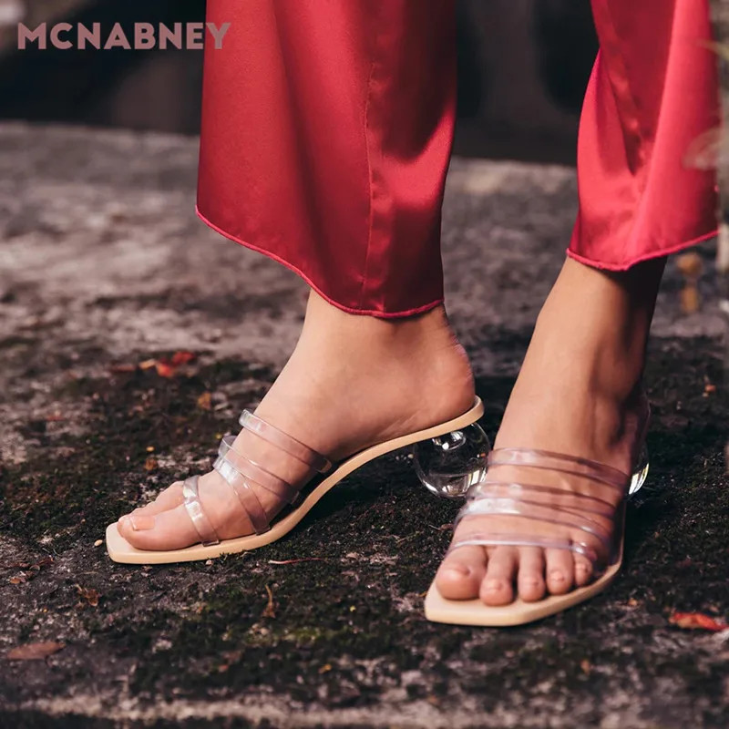 Crystal Ball Heel Transparent Slippers Summer New Fairy Style Square Toe High Heel Sandals One Word Transparent Belt Sandals