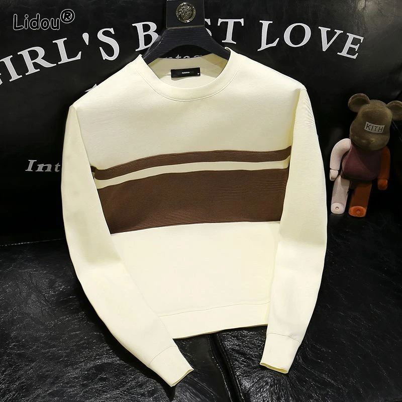 Мужской пуловер в полоску свободный трикотажный свитер составного кроя с