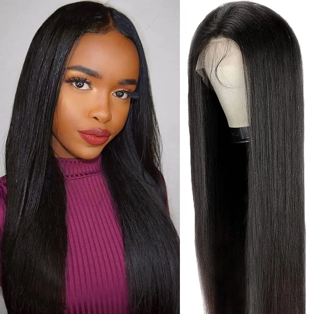 

16-28 Synthetic Lace Wigs Straight Lace Closure Wigs Pre Plucked Bleached Wigs Natural color For Black Women Daily Use