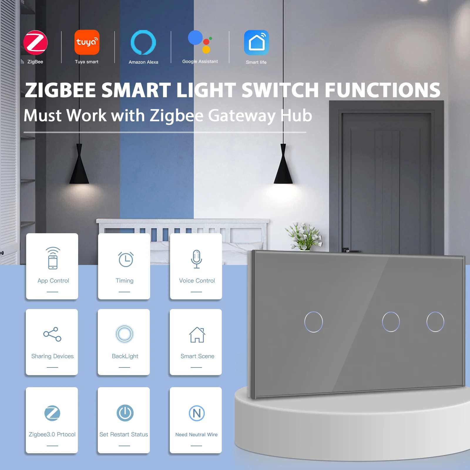 Умные переключатели BSEED Zigbee настенный сенсорный выключатель с 1/2/3 клавишами