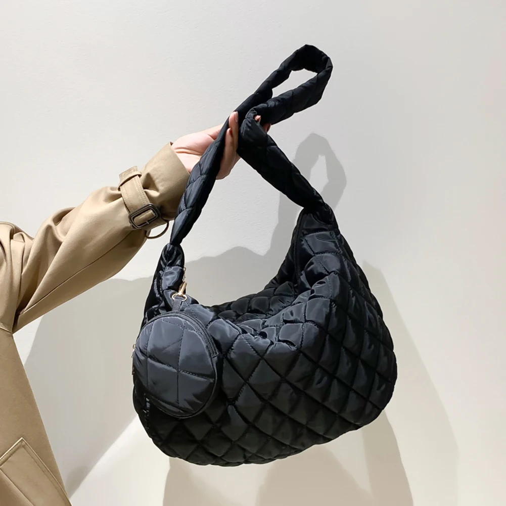 

Women Quilted Shoulder Bag with Coin Bag Padded Tote Handbag Large Capacity Down Hobo Bag Winter Shopper Bag