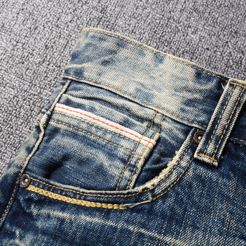 Fashion Vintage Men Jeans Retro Yellow Blue Slim Fit Destroyed Patched Ripped Jeans Men Trousers Designer Denim Pants Hombre