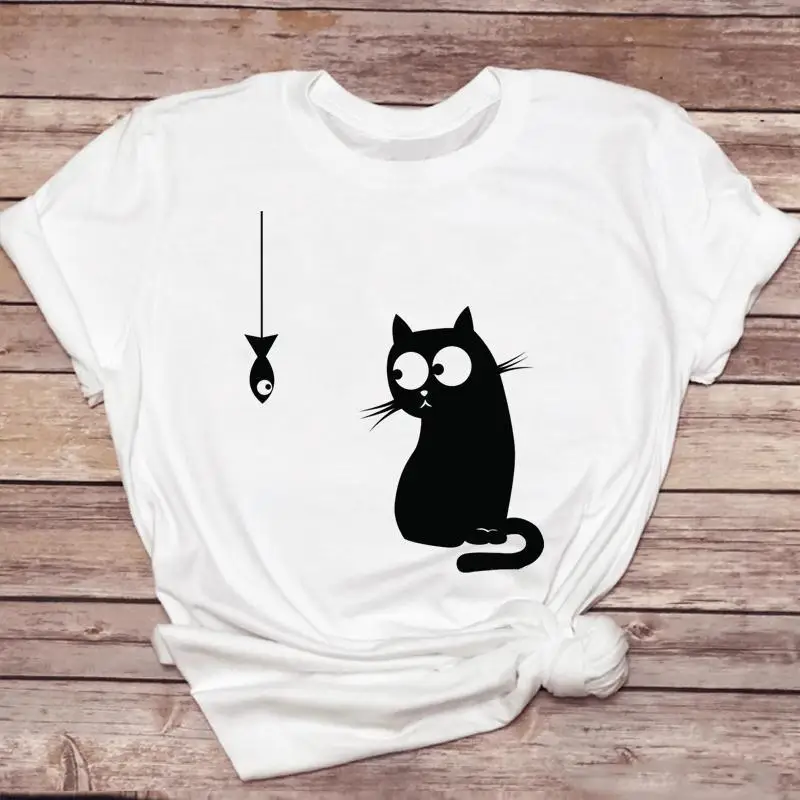 Женская футболка с принтом кошки и животных, летняя повседневная футболка с коротким рукавом и мультипликационным графическим принтом