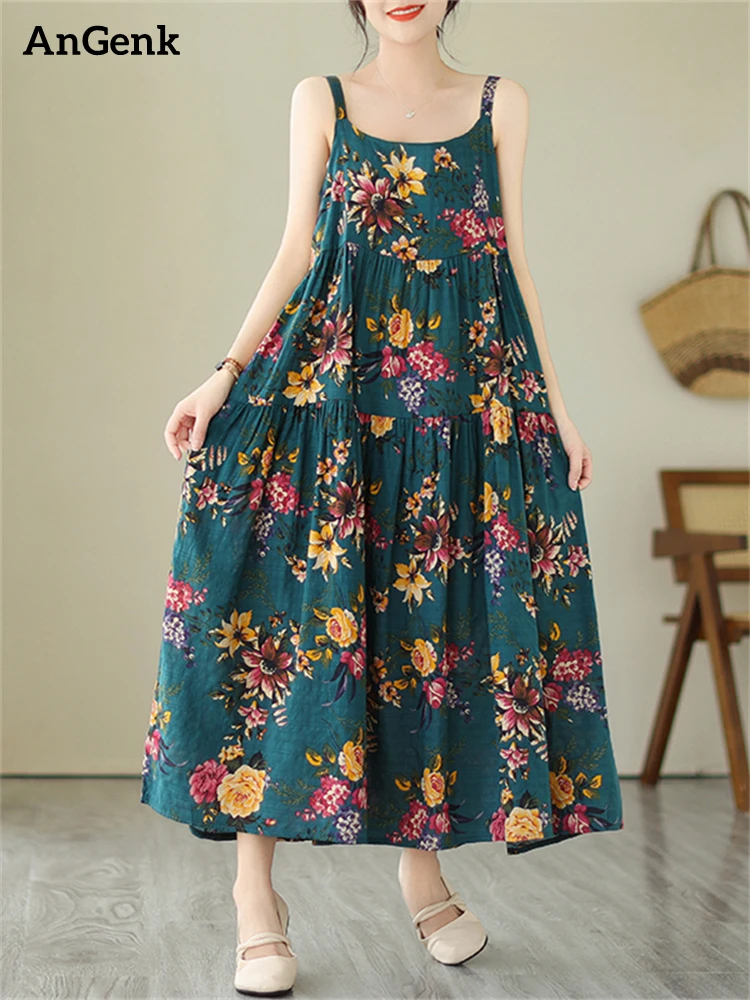 

Cotton Sleeveless Spaghetti Strap Print Vintage Long Summer Dresses Women 2023 Casual Korean Fashion Dress Femme Elegant Clothes