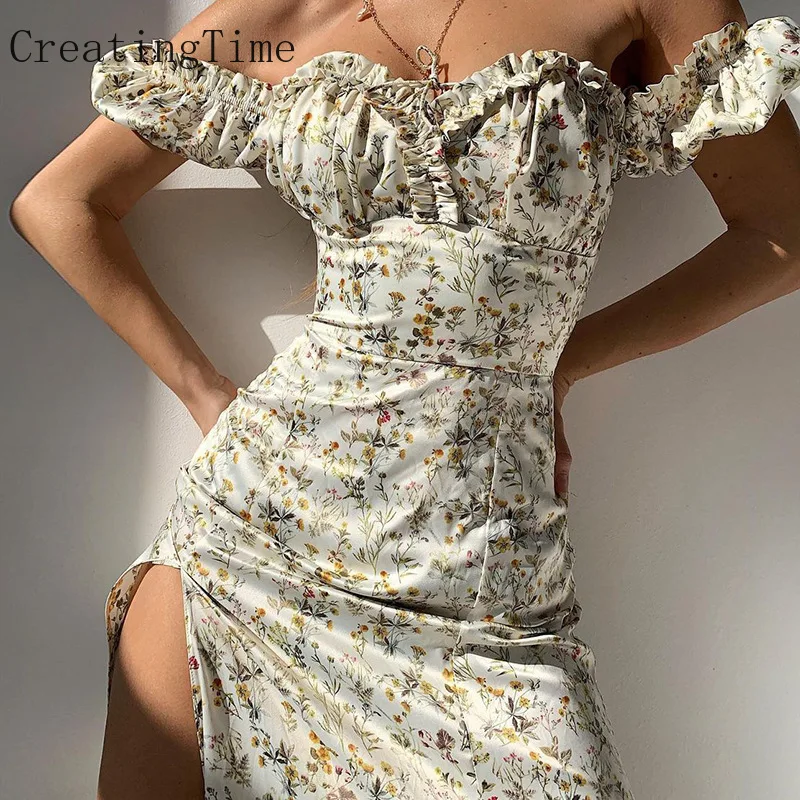 

Creatingtime Bohemian Dresses For Women 2022 patchwork Floral Printing Strapless Sexy High Waist Slit Slim Summer New LH430