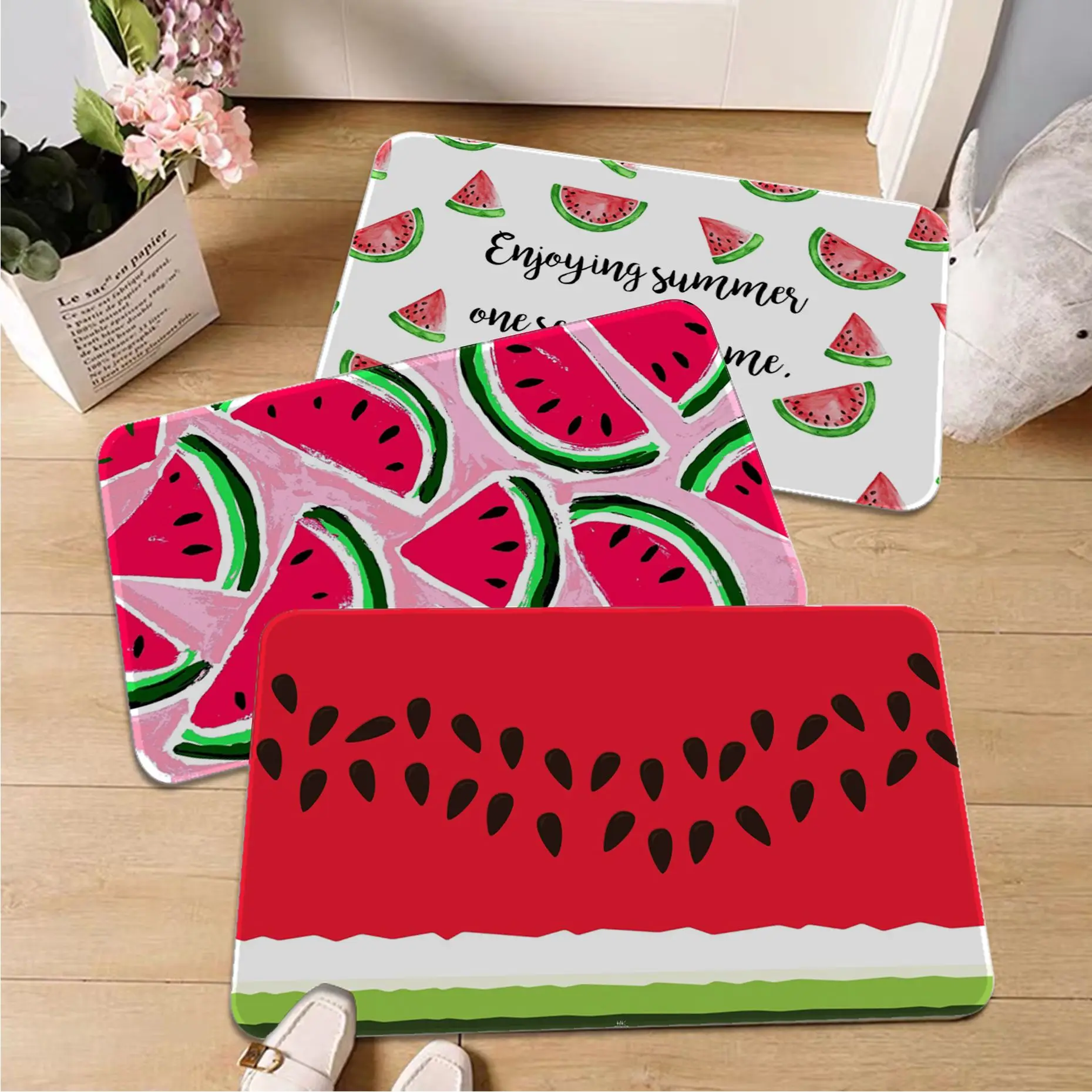 

Fruit watermelon Printed Flannel Floor Mat Bathroom Decor Carpet Non-Slip For Living Room Kitchen welcome Doormat