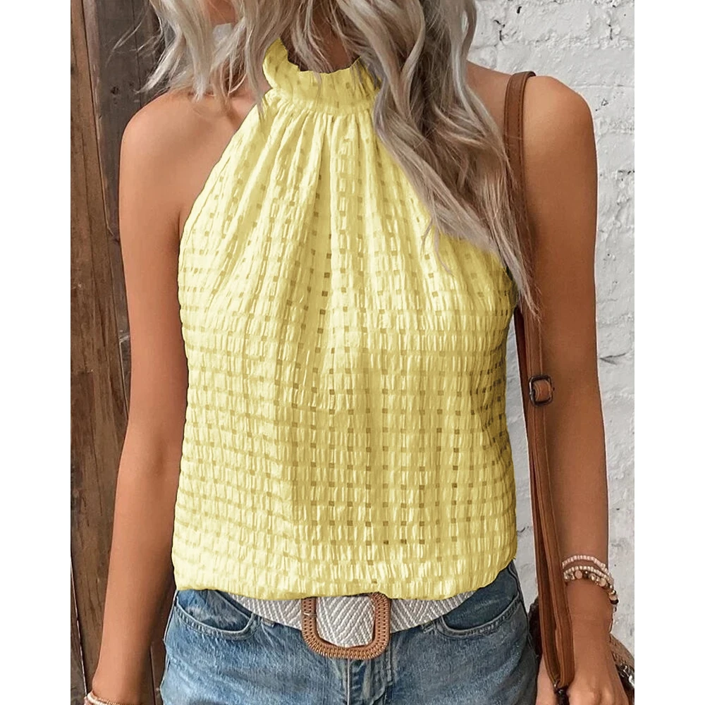 

2023 NEW Summer Women Sleeveless Stand Collar Casual T-shirts Female Casual Solid Plaid Pattern Cutout Tee Tops Woman Clothes