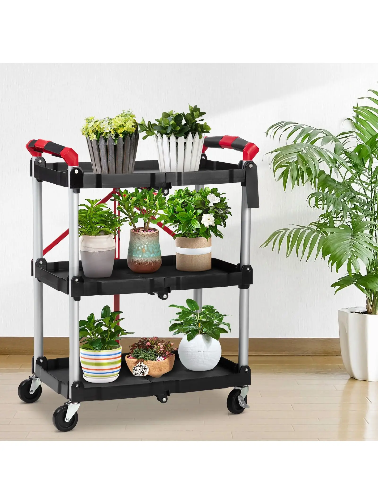

Portable Folding Service Cart, 3 Tier Folding Utility Cart, Collapsible Rolling Cart for Home/Commercial/Office/Warehouse