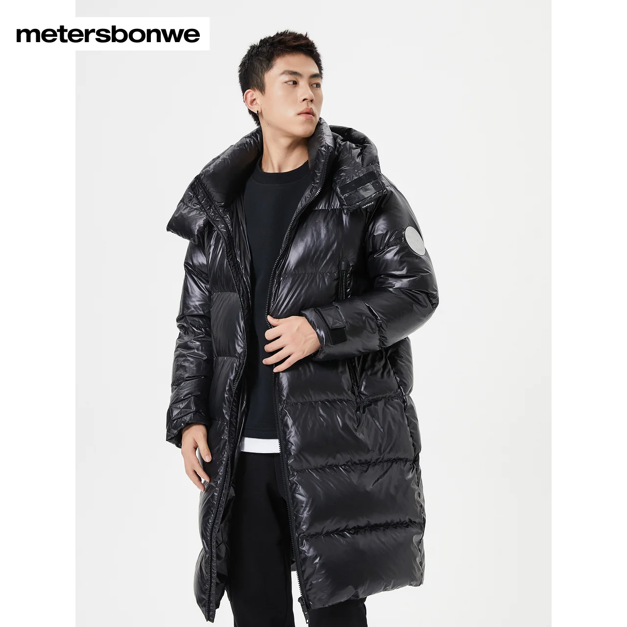 Metersbonwe Long Glossy Down Jacket Winter Men Hooded Thick Winter Down Coat Solid Fashion Overcoat Outerwear Warm Hat Detachabl