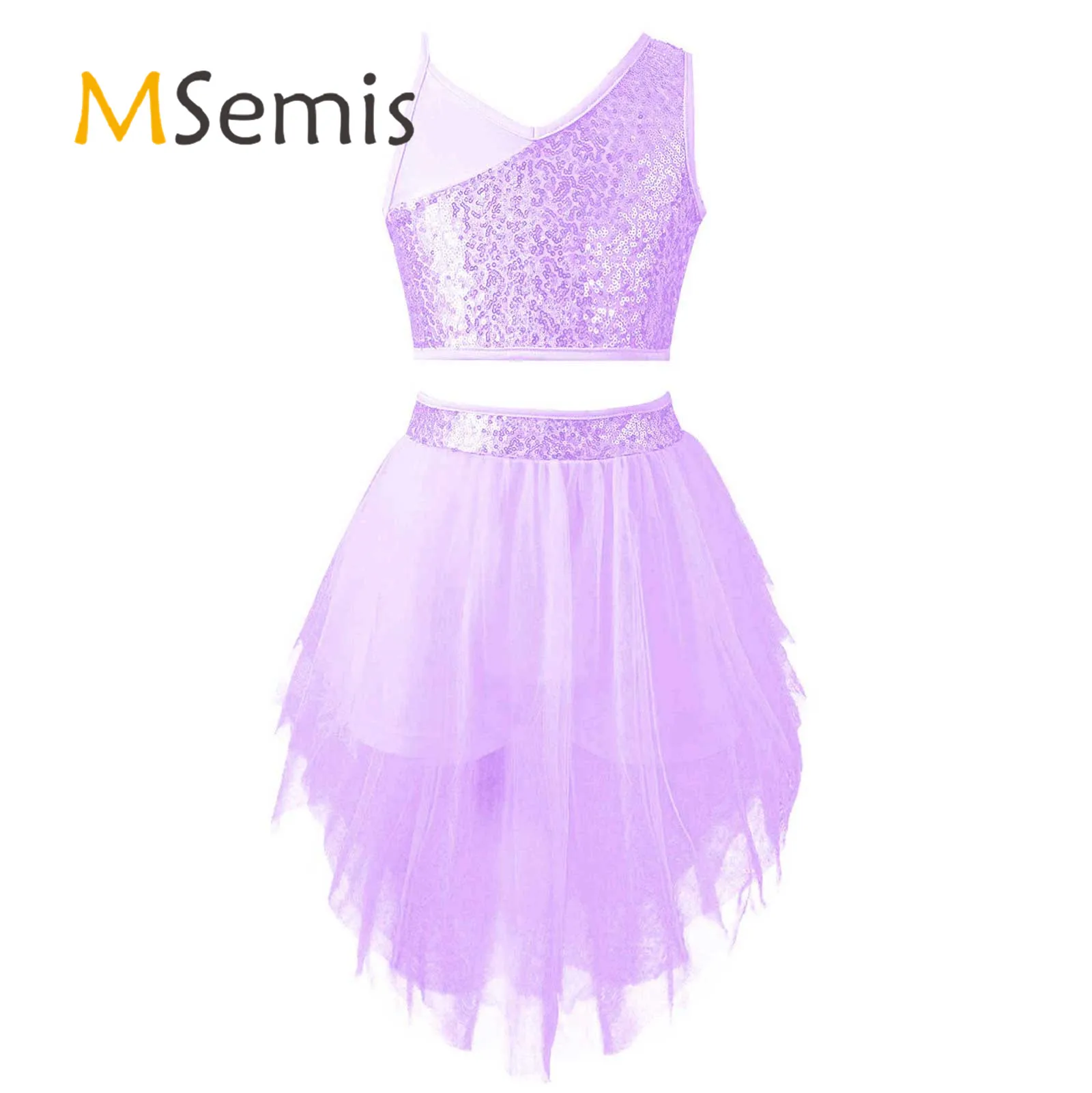 

Kids Girls Sequins Stylish Ballet Dance Costume Sleeveless V Neckline Crop Top with Elastic Waistband Mesh Boxer Style Skirt