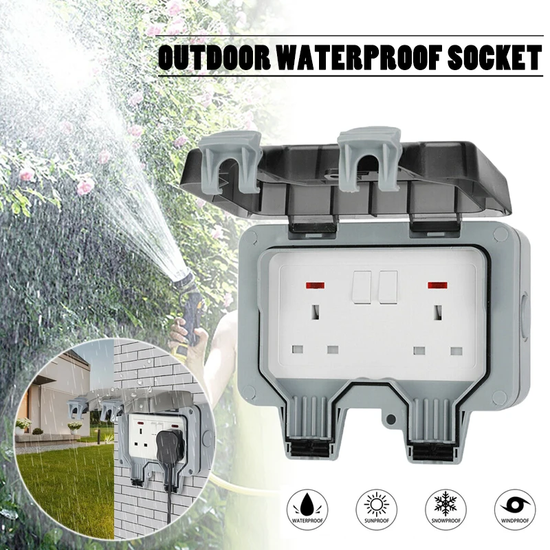 

1 Pcs 13A Outside Waterproof Switched Double Socket IP66 UK Plug Switch Grounded 250V Socket With LED Light